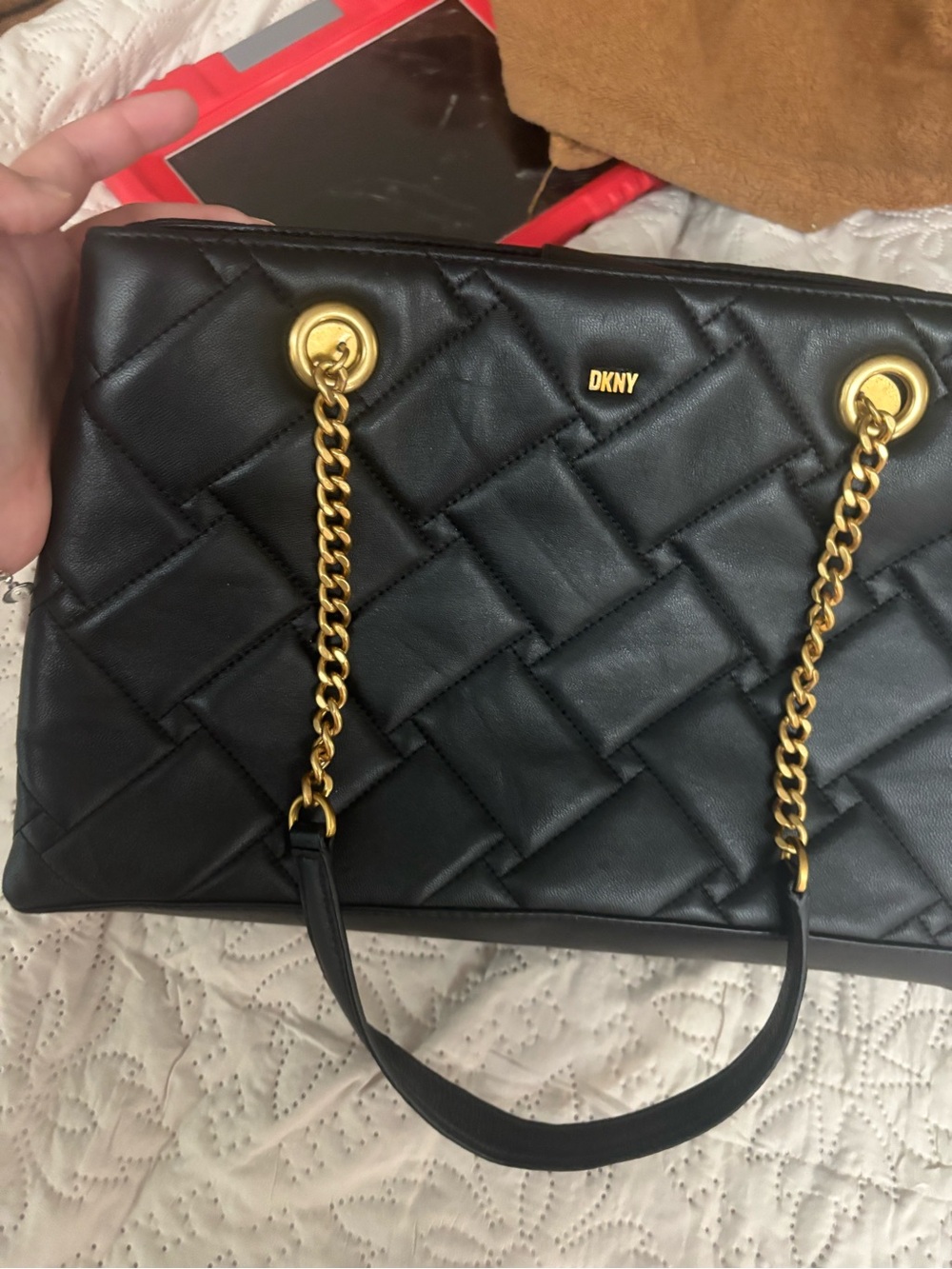 DKNY Black Quilted Shoulder Bag with Gold Chain Handles